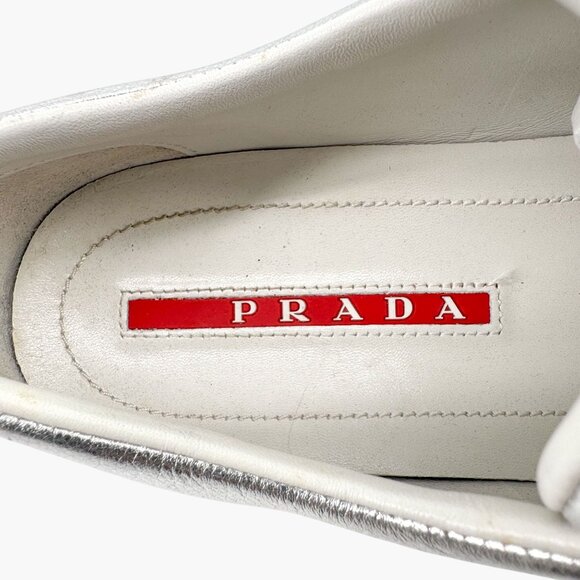 Prada Cap Toe Low Top Sneakers Size 41 US 11 Metallic Silver Leather Logo Shoe - Picture 13 of 14